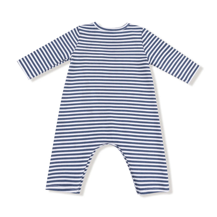 Stripes With Puppy Detailing -Organic Cotton Jersey - L/S Snap Shoulder Romper with Embroidered Dog