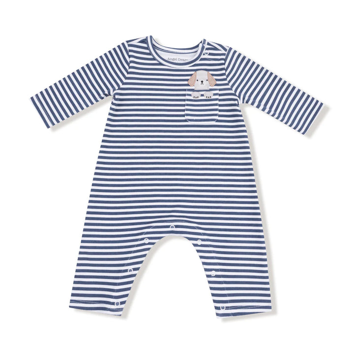 Stripes With Puppy Detailing -Organic Cotton Jersey - L/S Snap Shoulder Romper with Embroidered Dog
