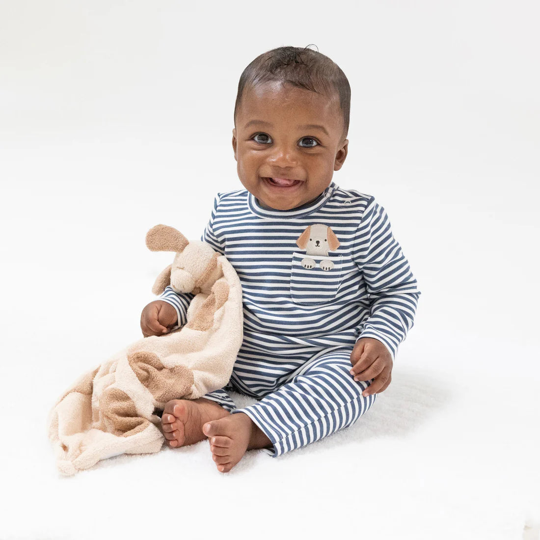 Stripes With Puppy Detailing -Organic Cotton Jersey - L/S Snap Shoulder Romper with Embroidered Dog
