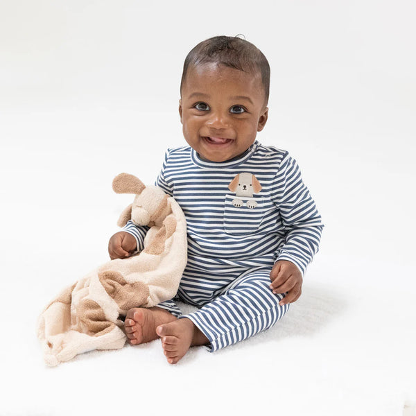 Stripes With Puppy Detailing -Organic Cotton Jersey - L/S Snap Shoulder Romper with Embroidered Dog