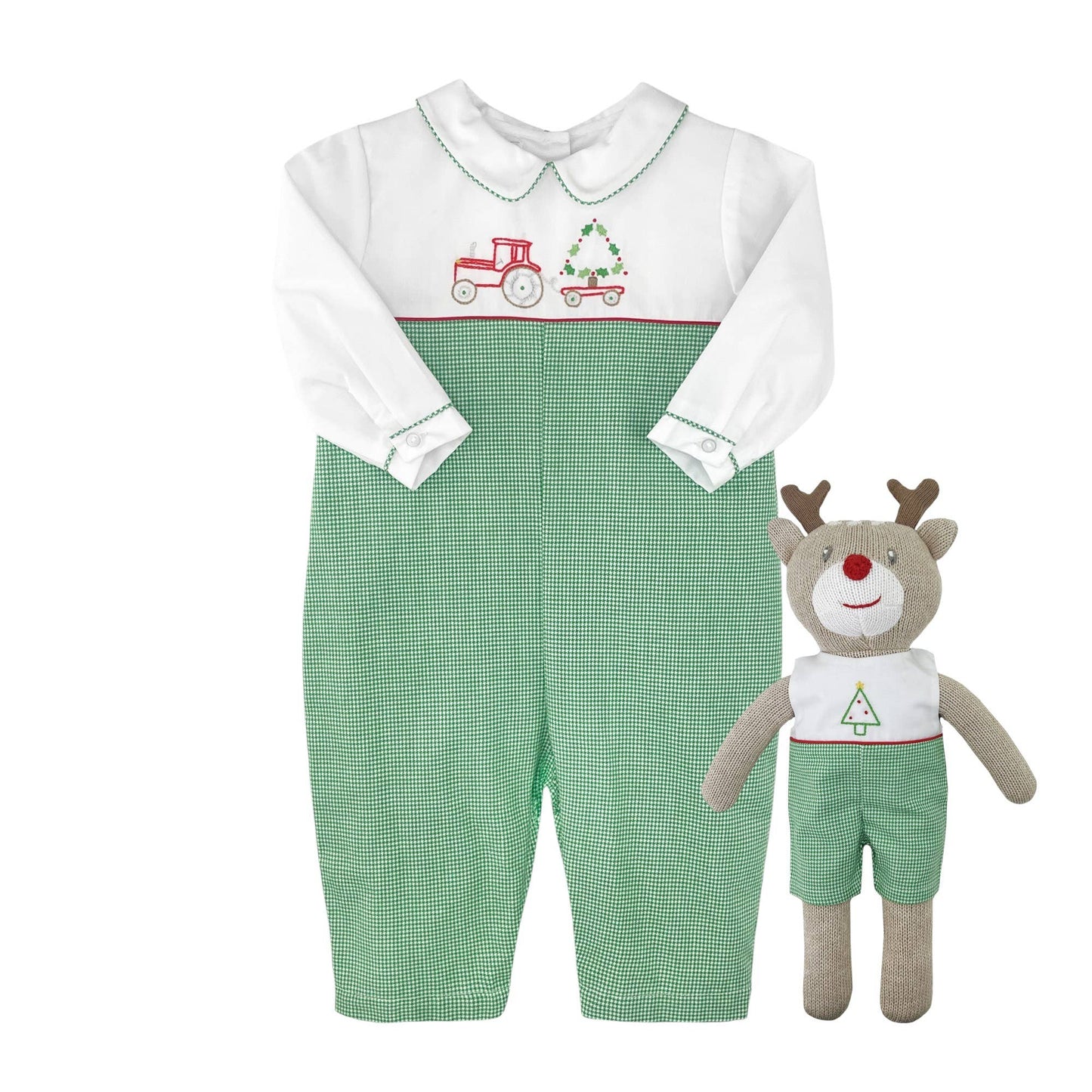 Knit Reindeer Doll with Embroidered Green Check Romper: 14"