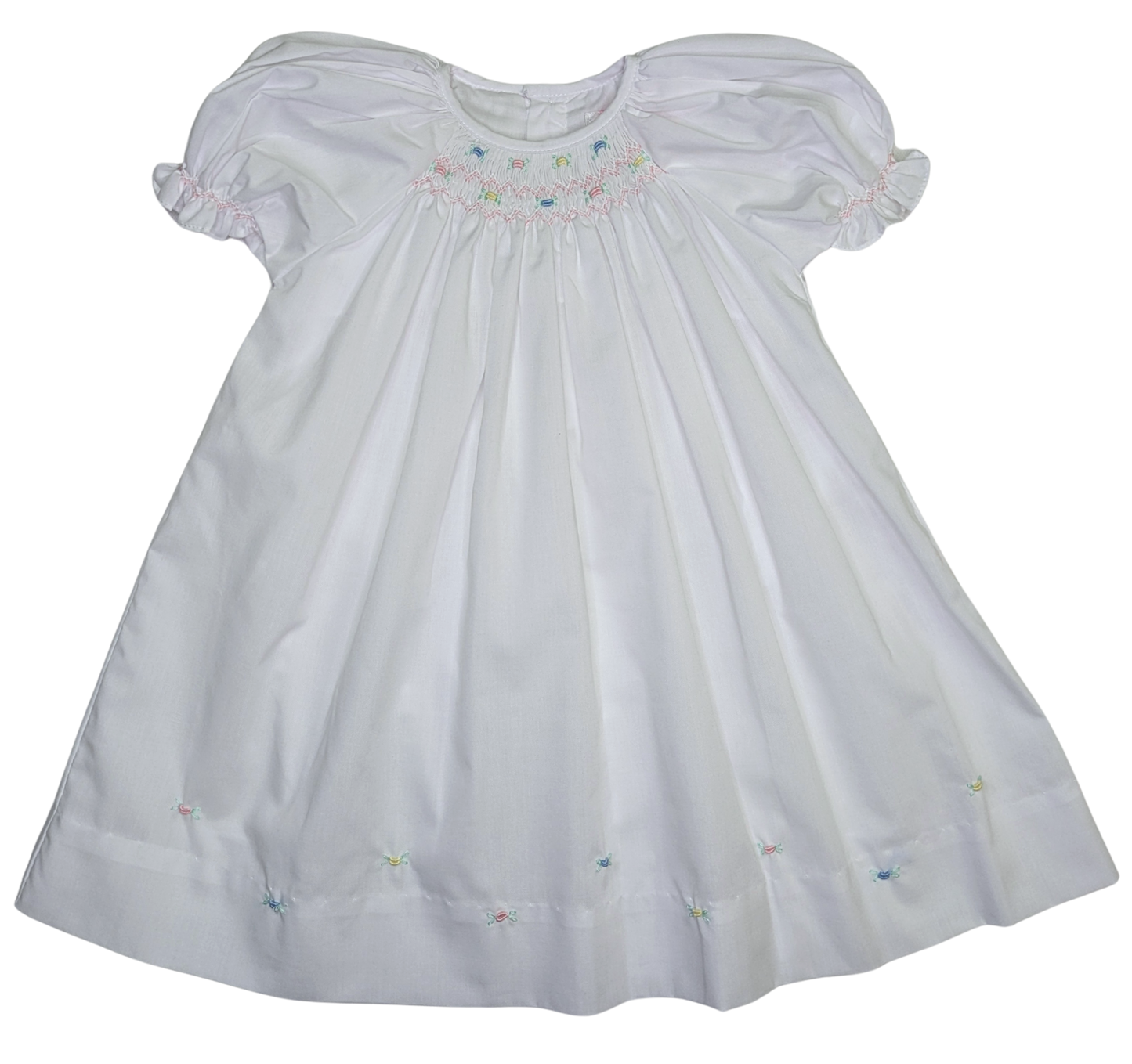 White Smocked Daydress with Raglan Sleeves and Embroidered Hem