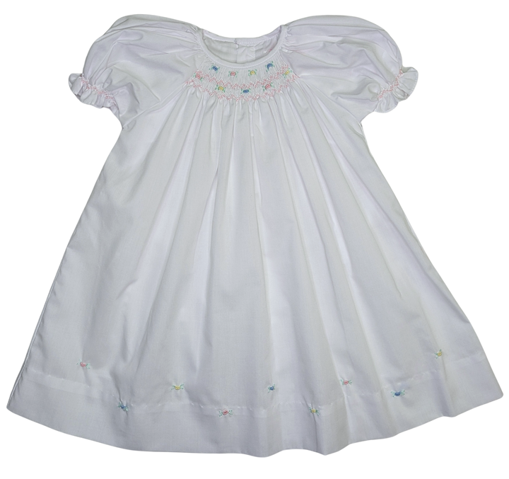 White Smocked Daydress with Raglan Sleeves and Embroidered Hem