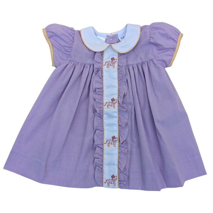 Lavender Gingham Embroidered LSU Tigers Dress