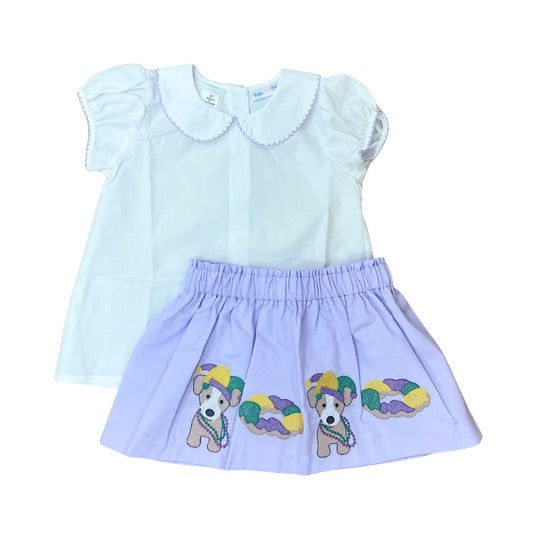 Lavender Puppy & Cake Embroidered Skirt Set