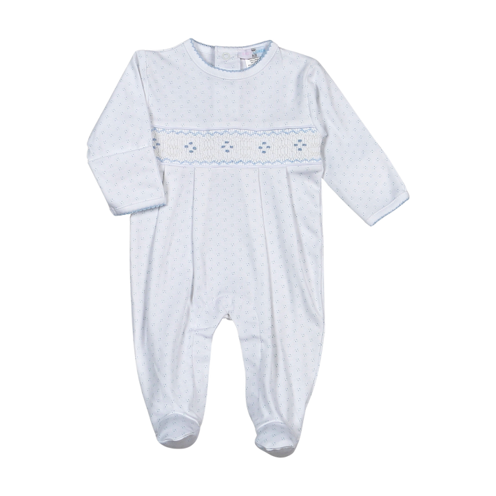 Tim Blue Dots Hand Smocked Pima Footie