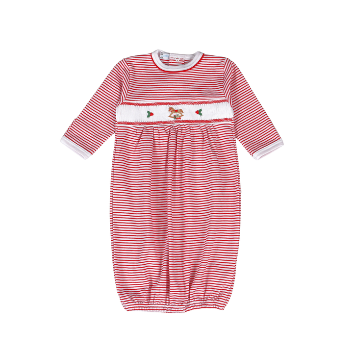 Red Christmas Rocking Horse Hand Smocked Pima gown