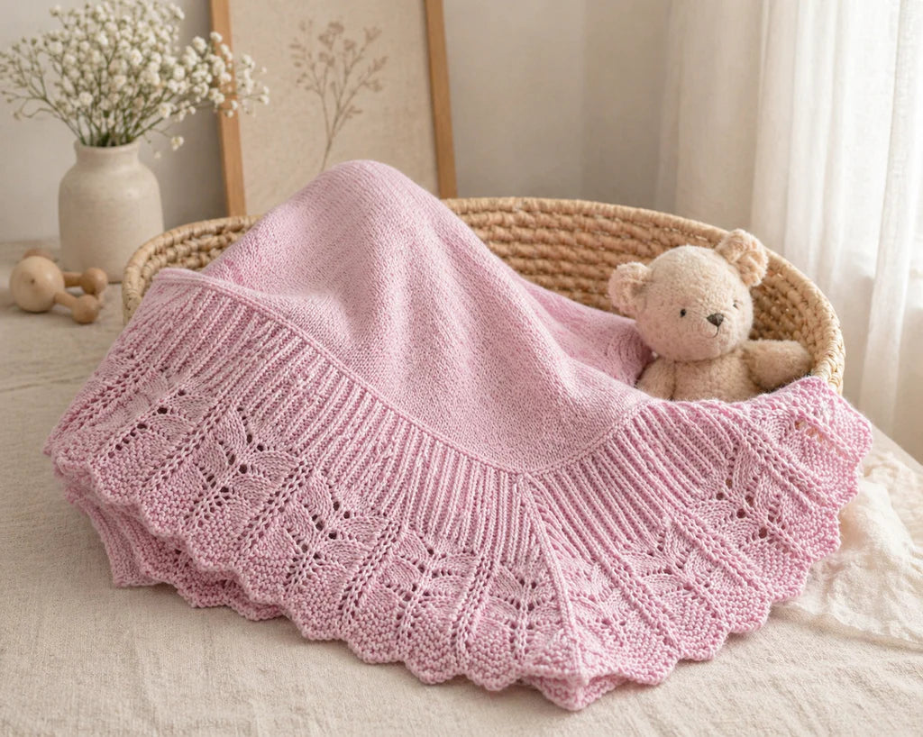 Cotton Jersey Baby Blanket w/ Knitted Scallop Lace Border - Pink