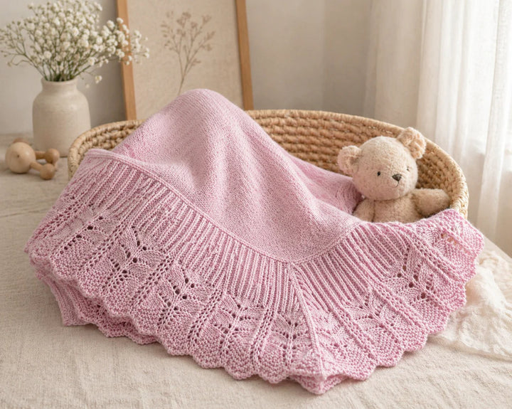 Cotton Jersey Baby Blanket w/ Knitted Scallop Lace Border - Pink