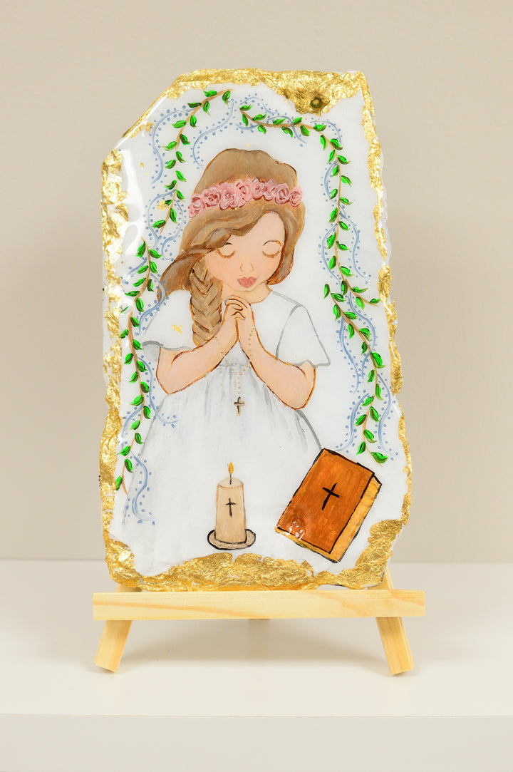 6" x 10" Girl First Communion on Slate - Brunette