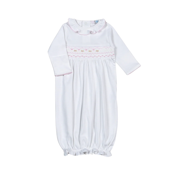 Sally White/Pink Hand Smocked Pima Gown