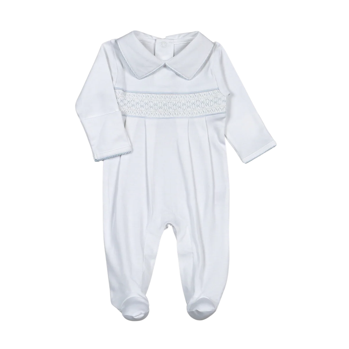 Tim White/Blue Hand Smocked Pima Footie
