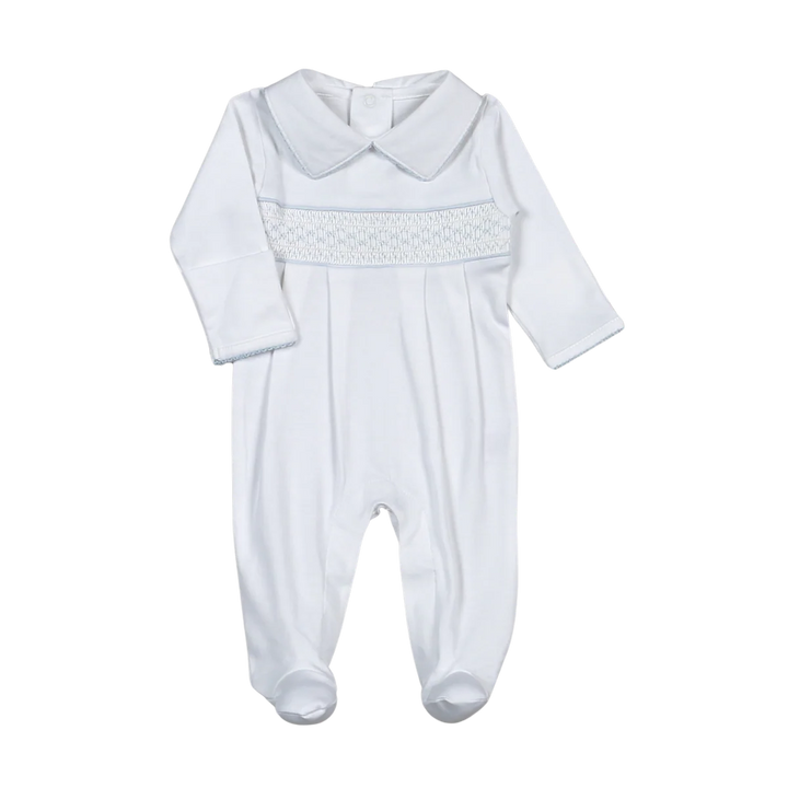 Tim White/Blue Hand Smocked Pima Footie
