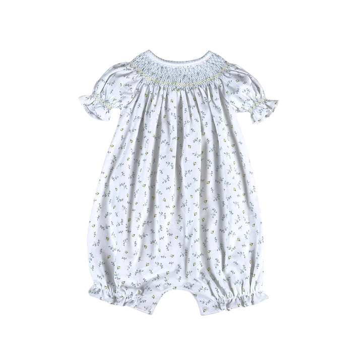 Mia Blue Floral Pima Hand Smocked Bishop Bubble