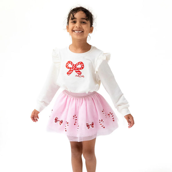 Candy Canes - Ruffle Shoulder French Terry Sweatshirt
