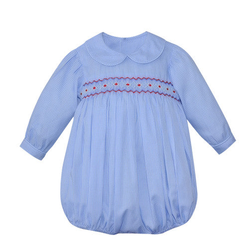 Royal Blue Finley Girl Bubble- Red Smocking
