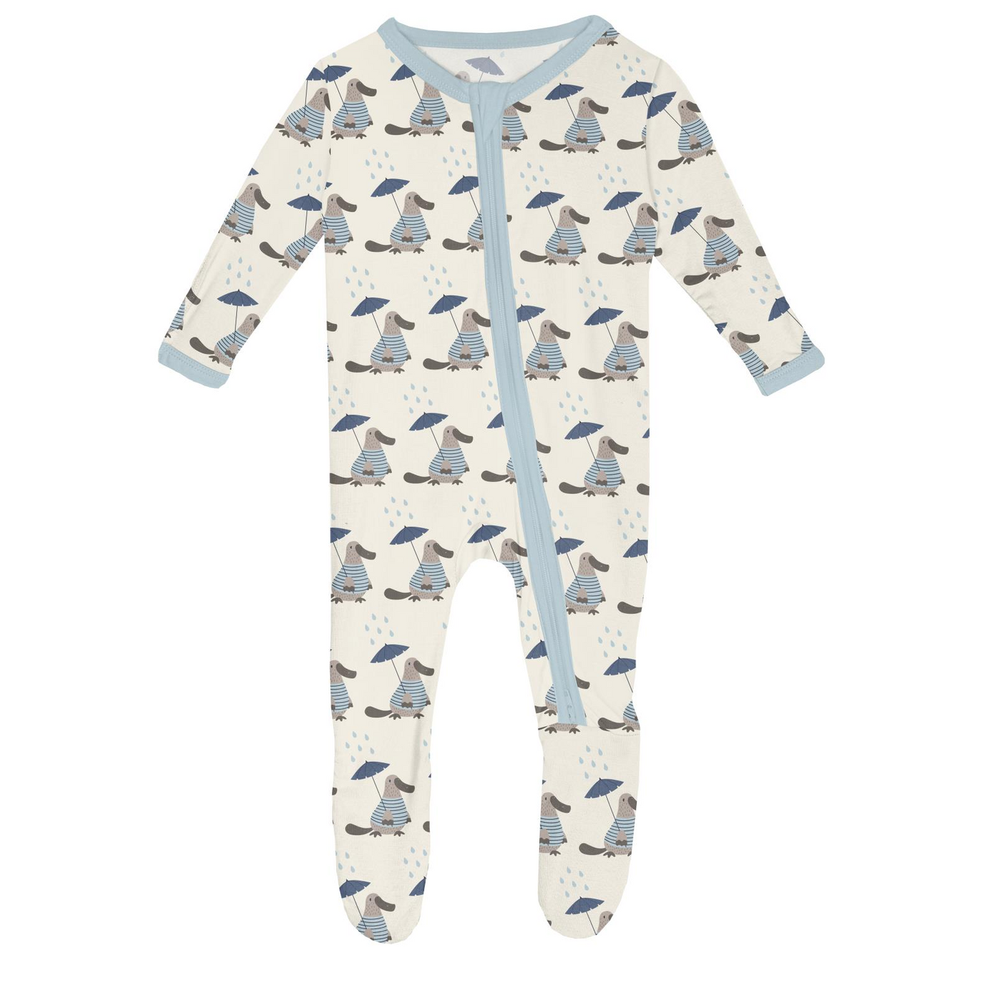 Print Footie with 2 Way Zipper in Natural Rainy Day Platypus