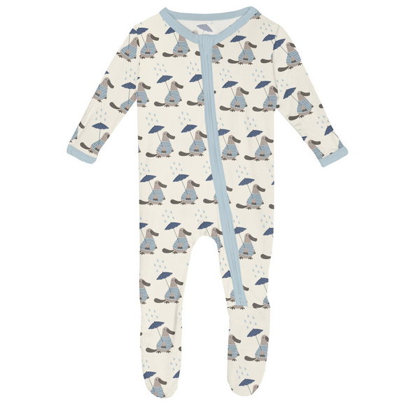 Print Footie with 2 Way Zipper in Natural Rainy Day Platypus