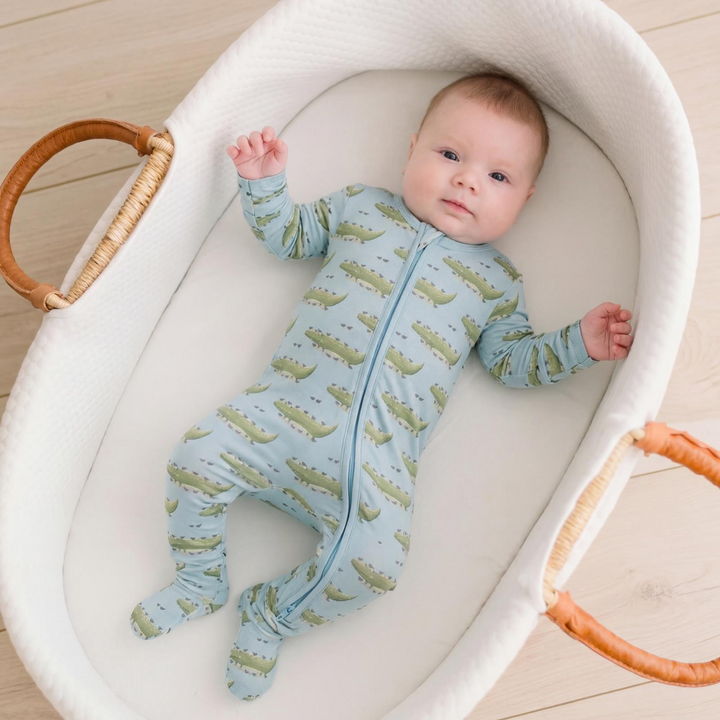 Print Footie with 2 Way Zipper in Spring Sky Croc & Friends