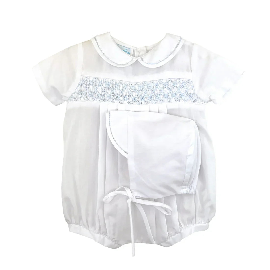 Romper & Bonnet with Smocking  - White w/ Blue