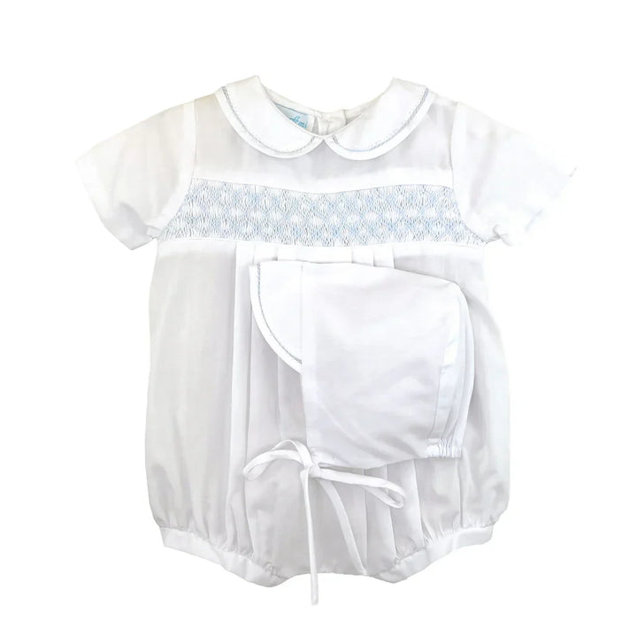 Romper & Bonnet with Smocking  - White w/ Blue