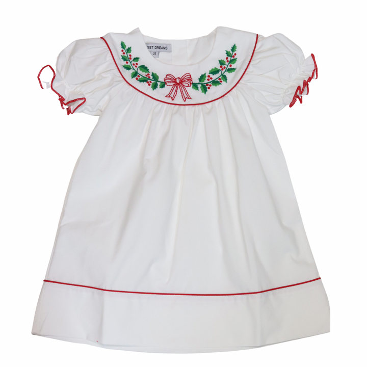 White Emb Wreath/Red Bow Dress