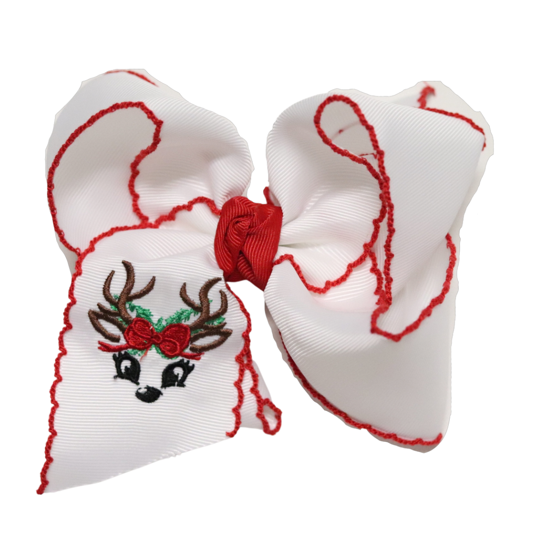 Embroidered Reindeer Crochet Edge Bow