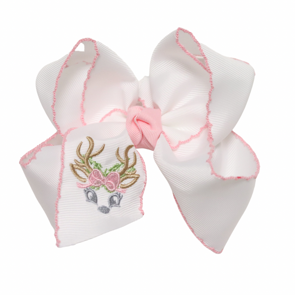 Embroidered Reindeer Crochet Edge Bow