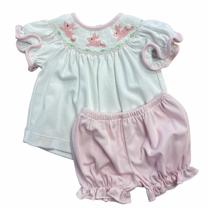 Hop Hop Bunnies - Pink Knit Bloomer Set with White Top
