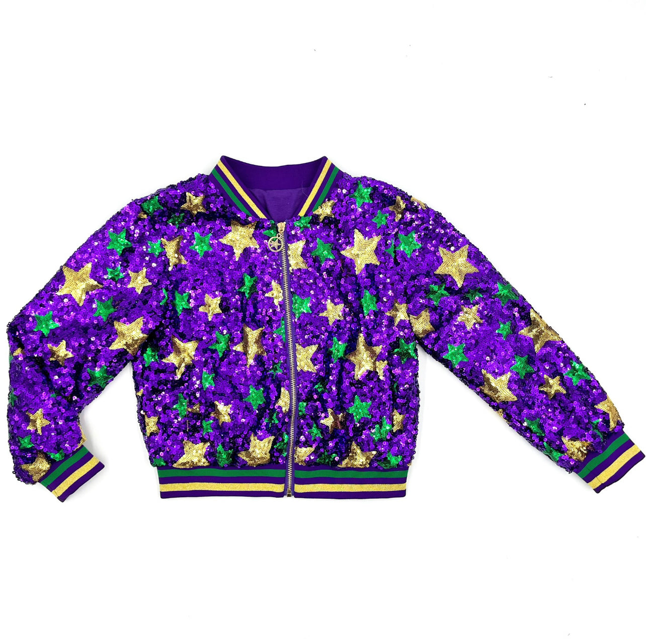 Sequin Mardi Gras Stars Bomber Jacket