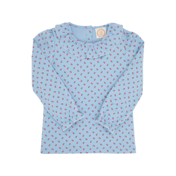 Long Sleeve Ramona Ruffle Collar Shirt - Barrington Blue Midway Micro Floral With Palmetto Pearl