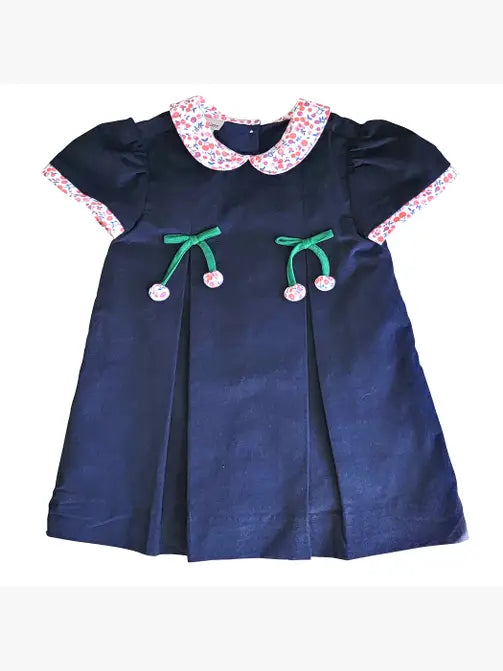 Cherries Navy Blue Corduroy Girl Pleated Dress