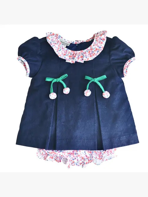 Cherries Floral Collar Navy Blue Corduroy Diaper Set