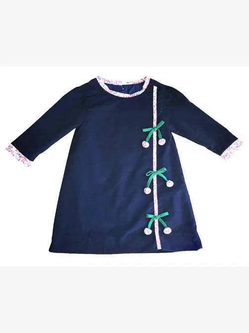 Cherries Long Sleeve Navy Blue Corduroy Dress