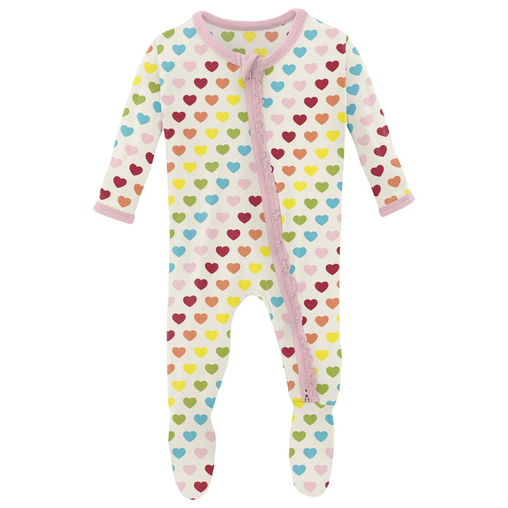 Print Muffin Ruffle Footie with 2 Way Zipper in Rainbow Hearts