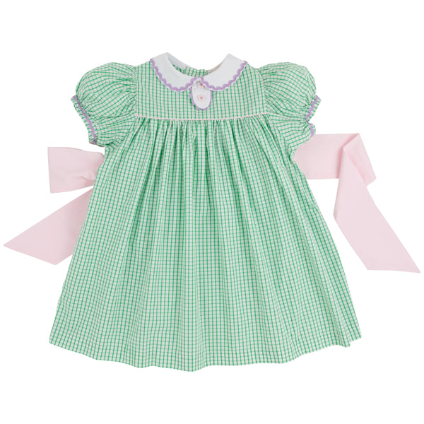 Mary Dal Dress - Kiawah Kelly Green Windowpane with Palm Beach Pink Bow & Lauderdale Lavender Ric Rac