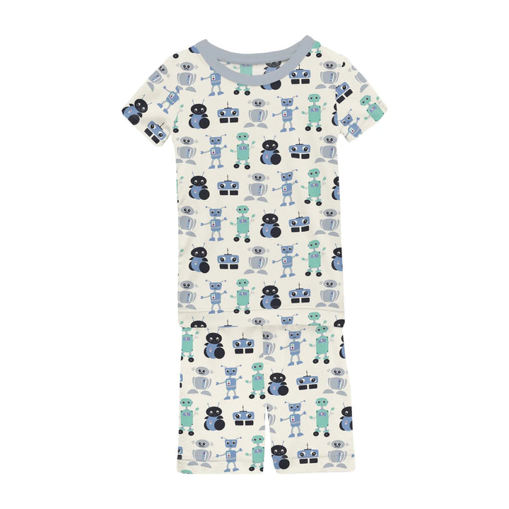 Print Short Sleeve Pajama Set with Shorts in Natural Robots