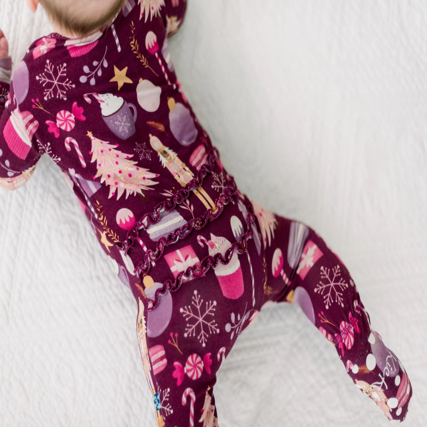 Print Muffin Ruffle Footie w/2way Zip- Melody Sugar Plum