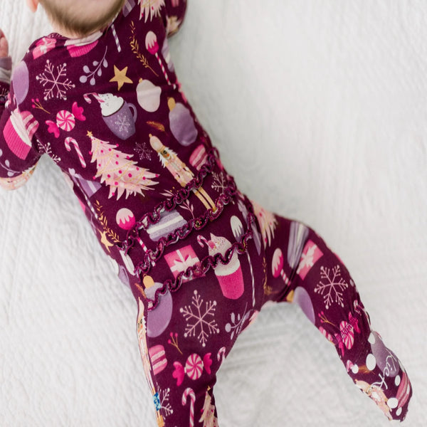 Print Muffin Ruffle Footie w/2way Zip- Melody Sugar Plum