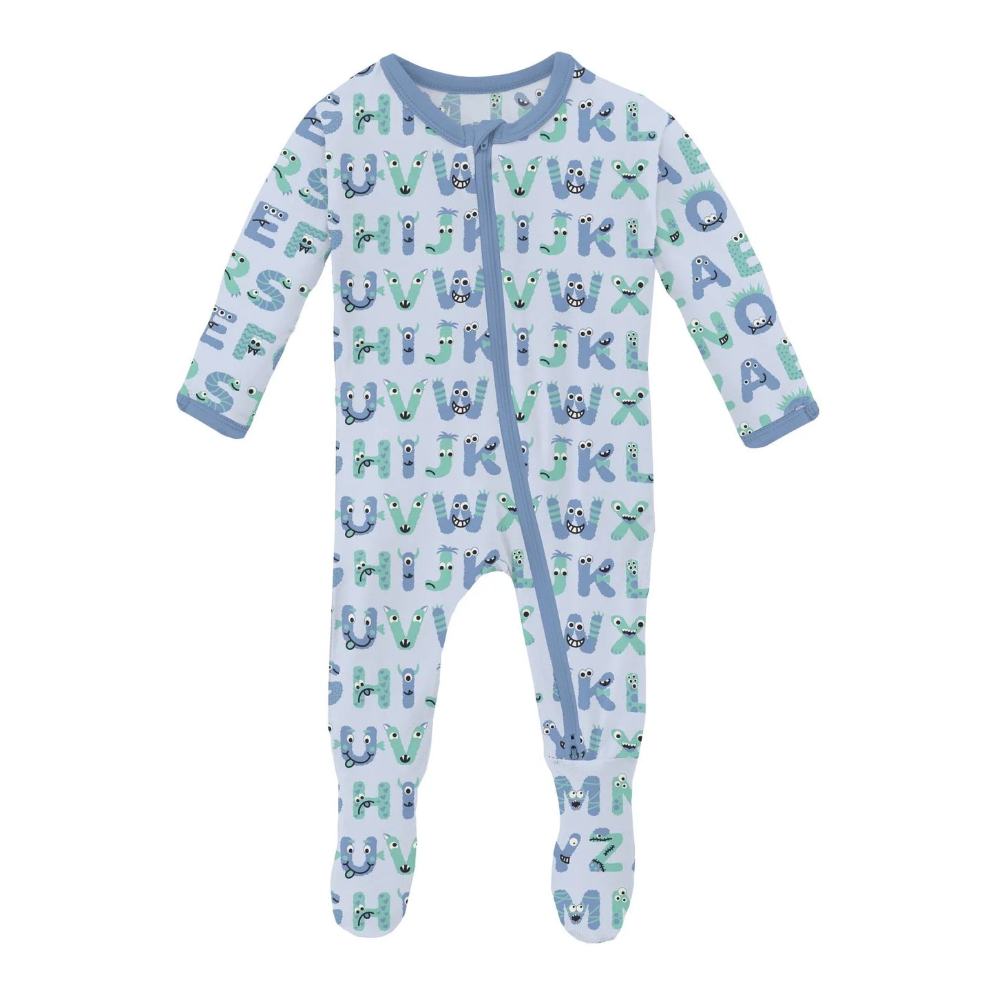 Print Footie with 2 Way Zipper in Dew ABC Monsters