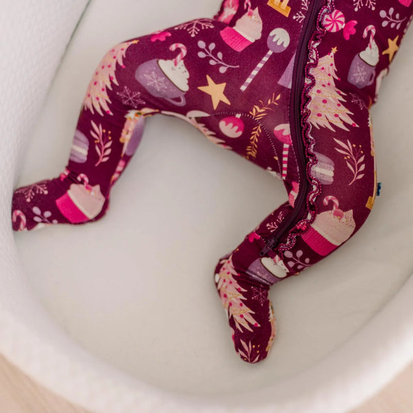 Print Muffin Ruffle Footie w/2way Zip- Melody Sugar Plum