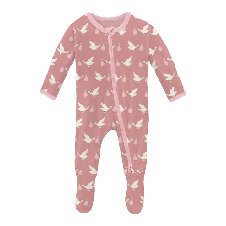 Print Footie with 2 Way Zipper in Blush Stork