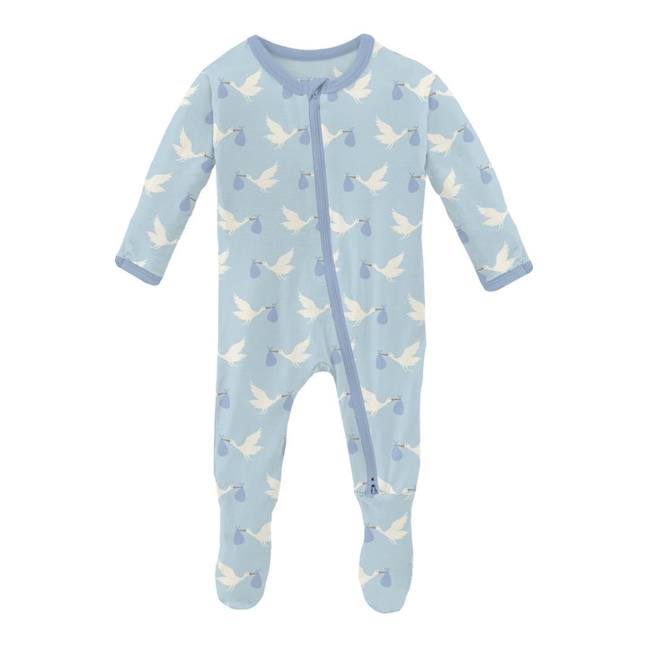 Print Footie with 2 Way Zipper in Spring Sky Stork