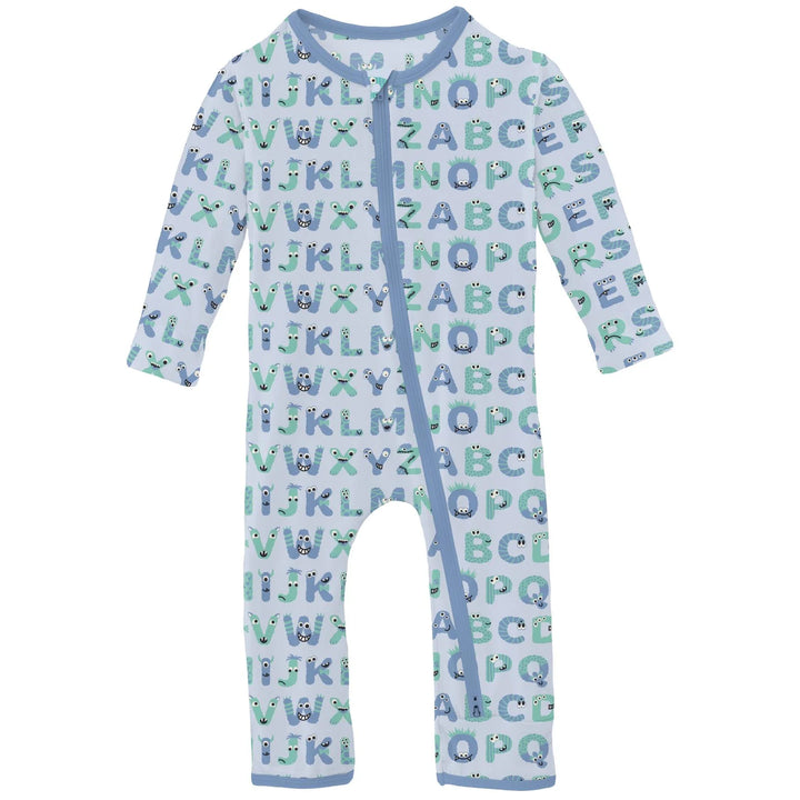 Print Coverall with 2 Way Zipper in Dew ABC Monsters