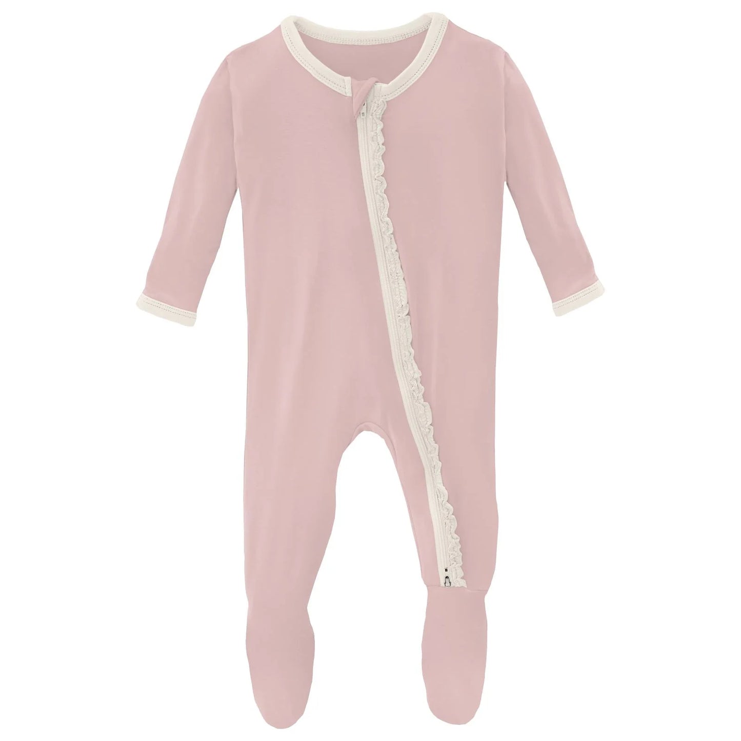 Muffin Ruffle Footie with 2 Way Zipper in Baby Rose with Natural