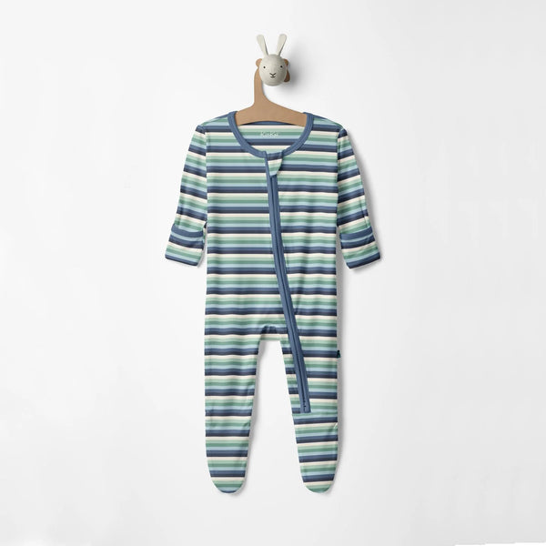 Print Footie with 2 Way Zipper in Denim Stripe