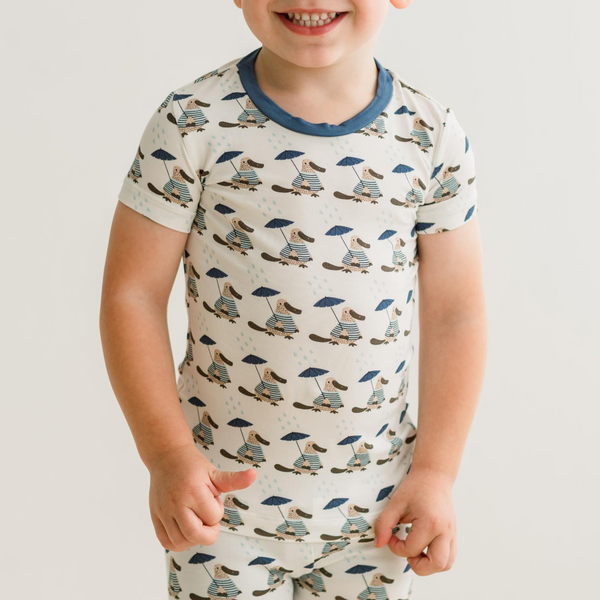 Print Short Sleeve Pajama Set in Natural Rainy Day Platypus