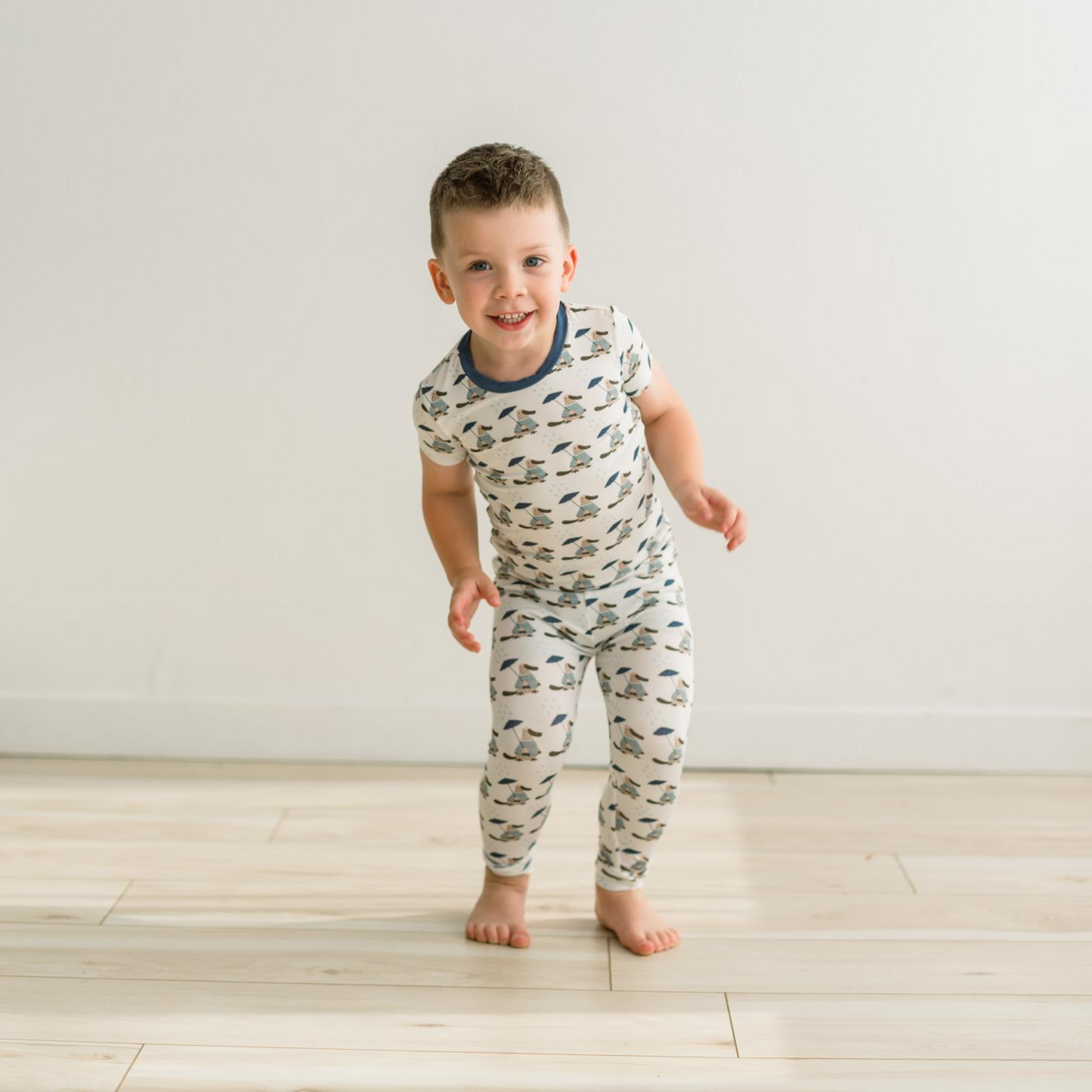 Print Short Sleeve Pajama Set in Natural Rainy Day Platypus