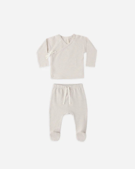 Wrap Top + Footed Pant Set - Oat Micro Stripe