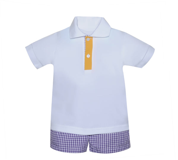 White Polo Shirt with Purple/Gold Shorts